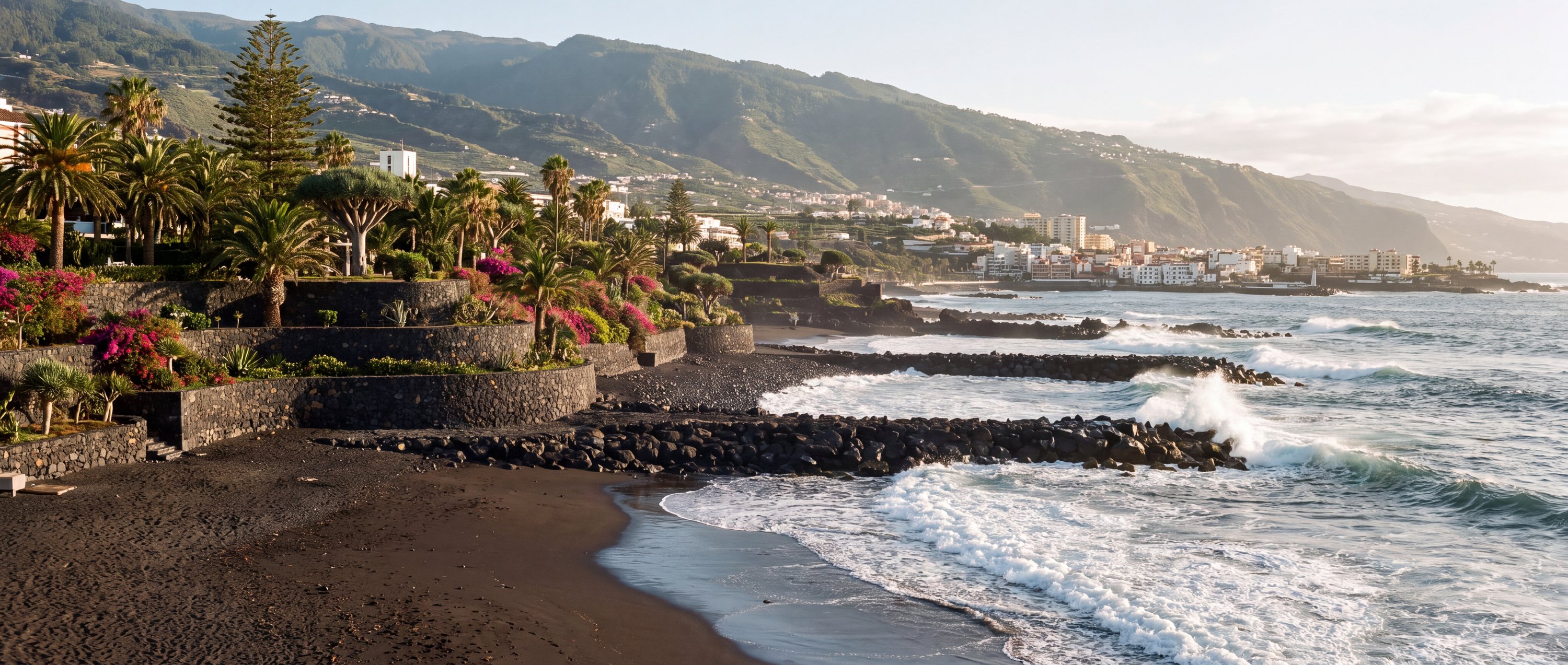 Wide view of Playa Jardin, Puerto de la Cruz, Tenerife.