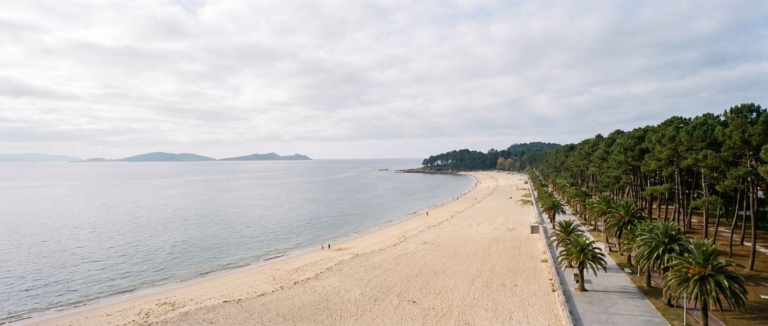 Wide view of Playa de Samil, Vigo, Galicia.