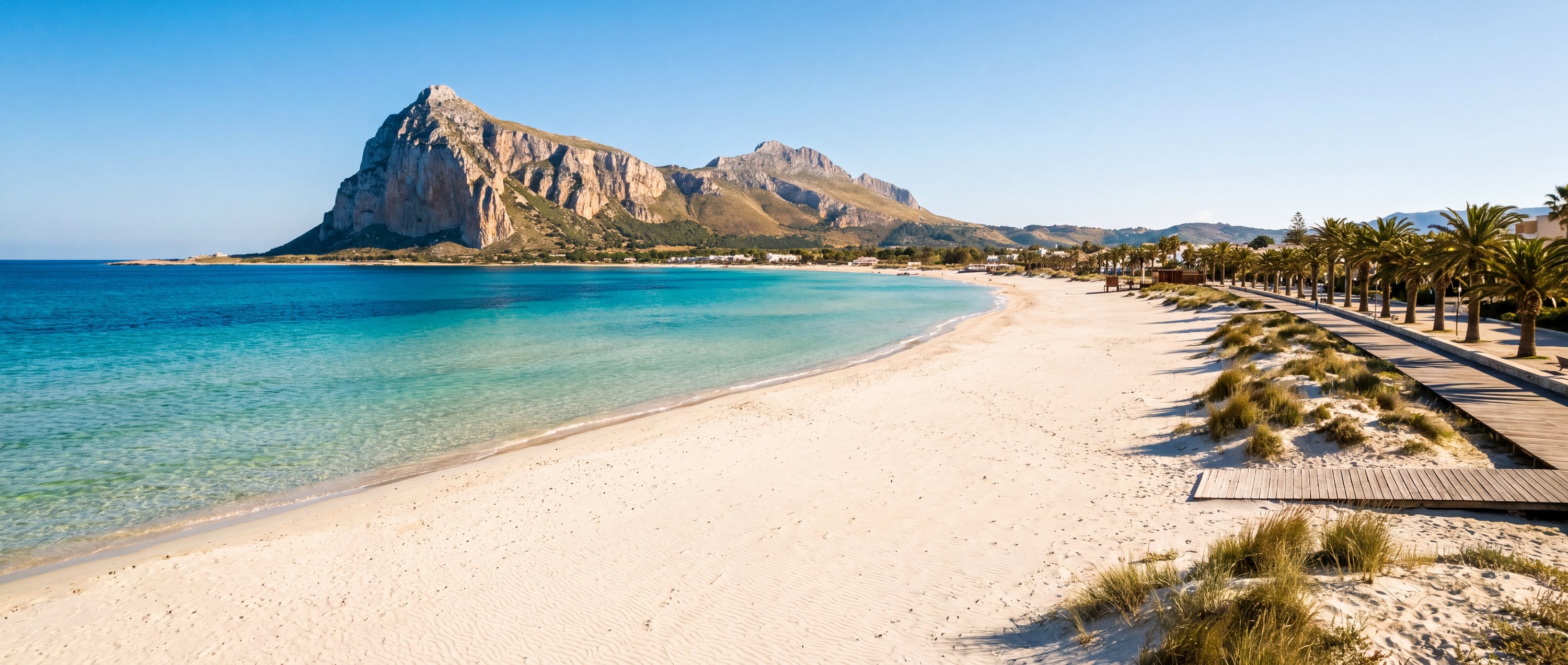 Wide view of Playa San Vito Lo Capo, San Vito Lo Capo, Trapani, Sicily.