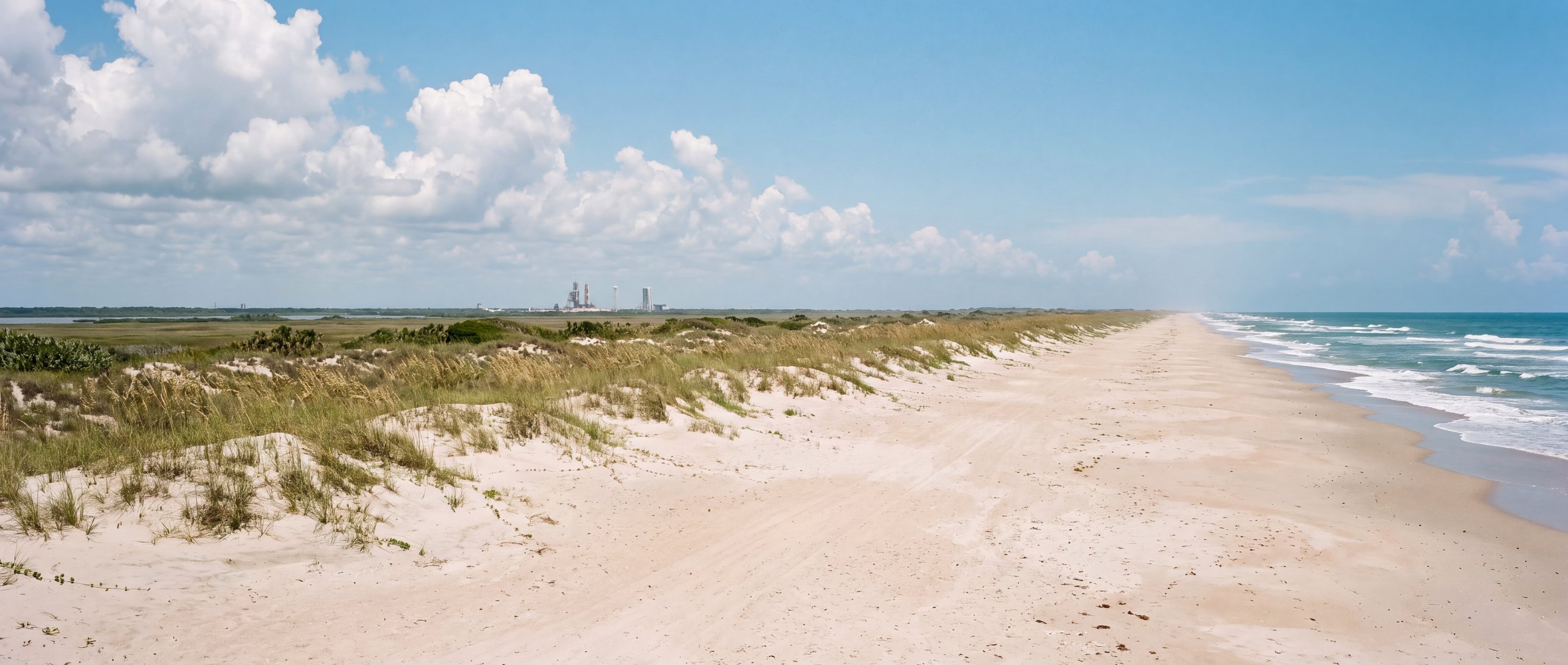 Wide view of Playalinda Beach, Canaveral National Seashore, Florida.