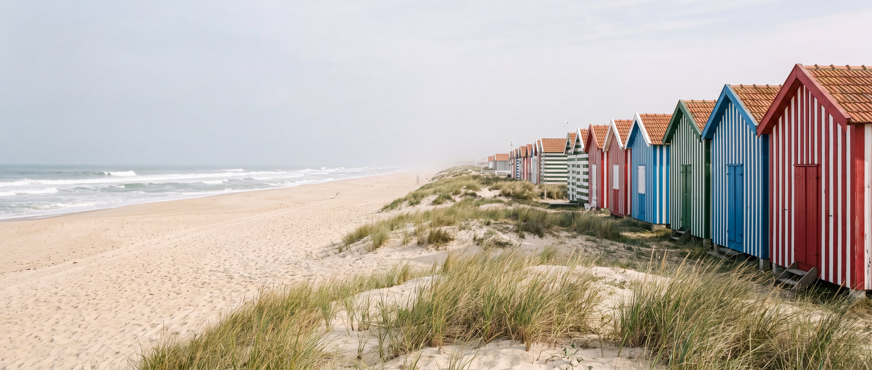 Wide view of Praia da Costa Nova, Ilhavo, Aveiro.