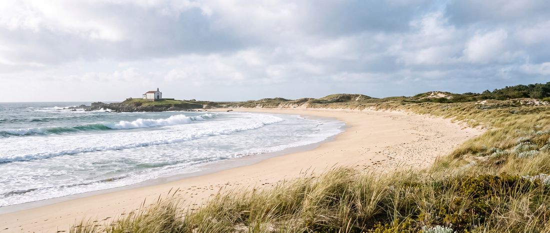 Wide view of Praia da Lanzada, O Grove, Galicia.