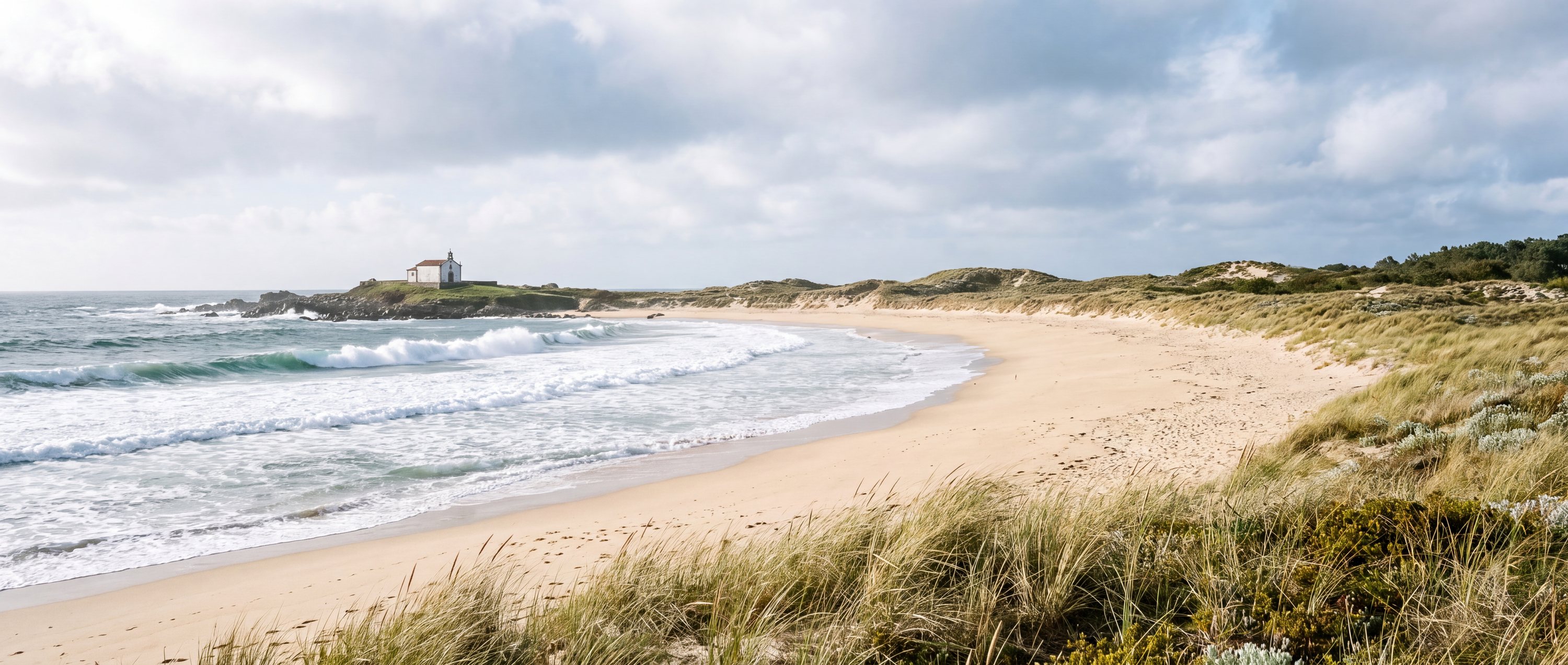 Wide view of Praia da Lanzada, O Grove, Galicia.