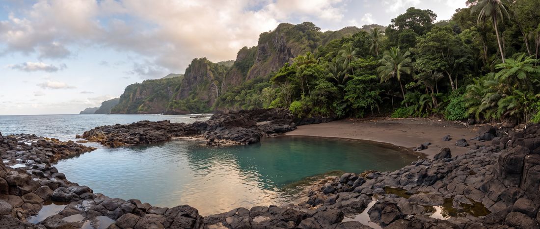 Wide view of Praia da Piscina, Sao Tome Island.