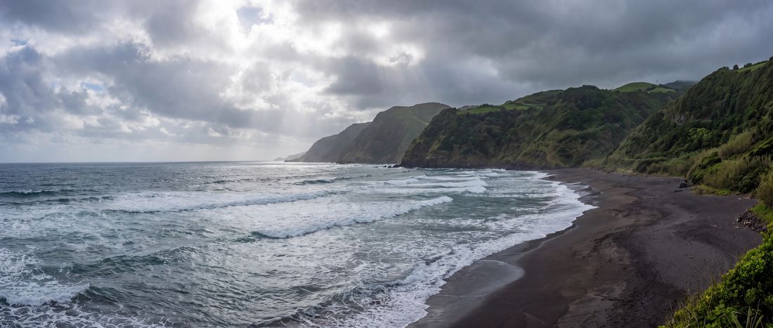 Wide view of Praia do Areal de Santa Barbara, Ribeira Grande, Sao Miguel, Azores.