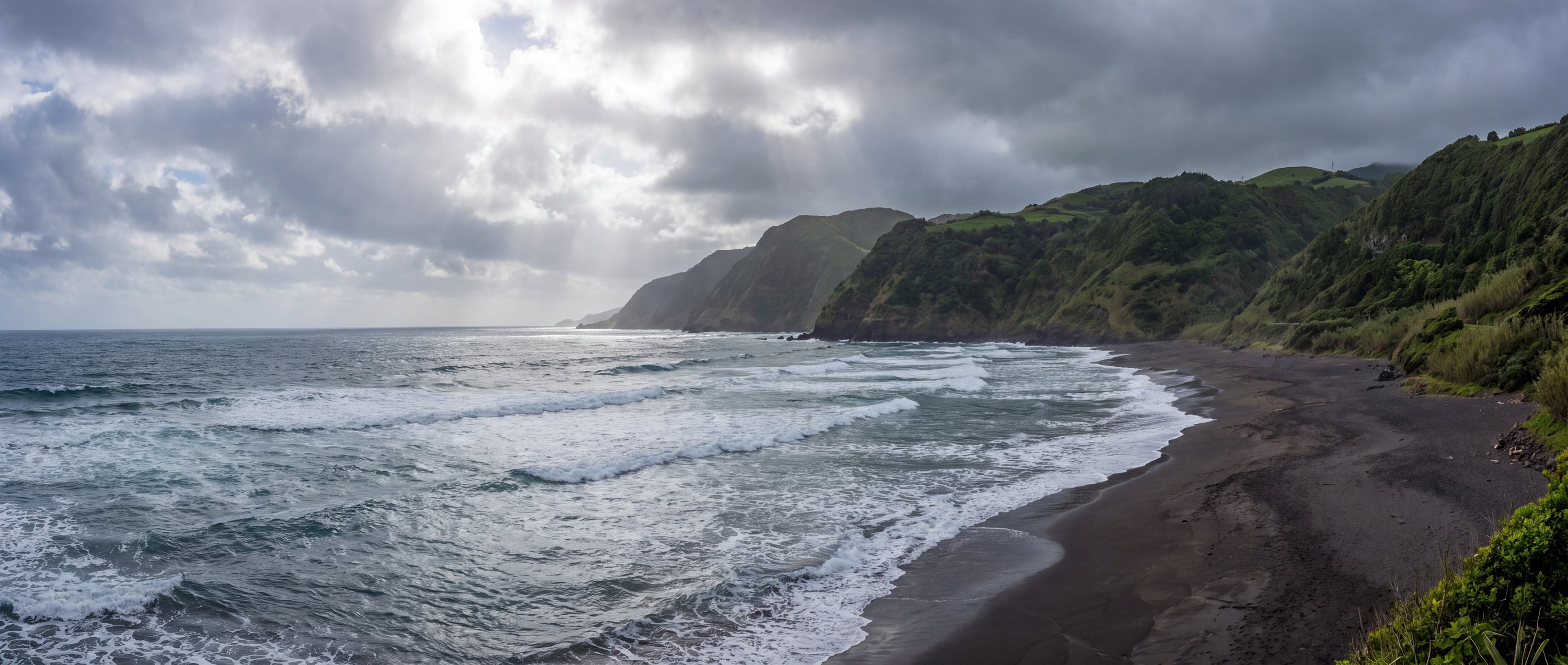 Wide view of Praia do Areal de Santa Barbara, Ribeira Grande, Sao Miguel, Azores.