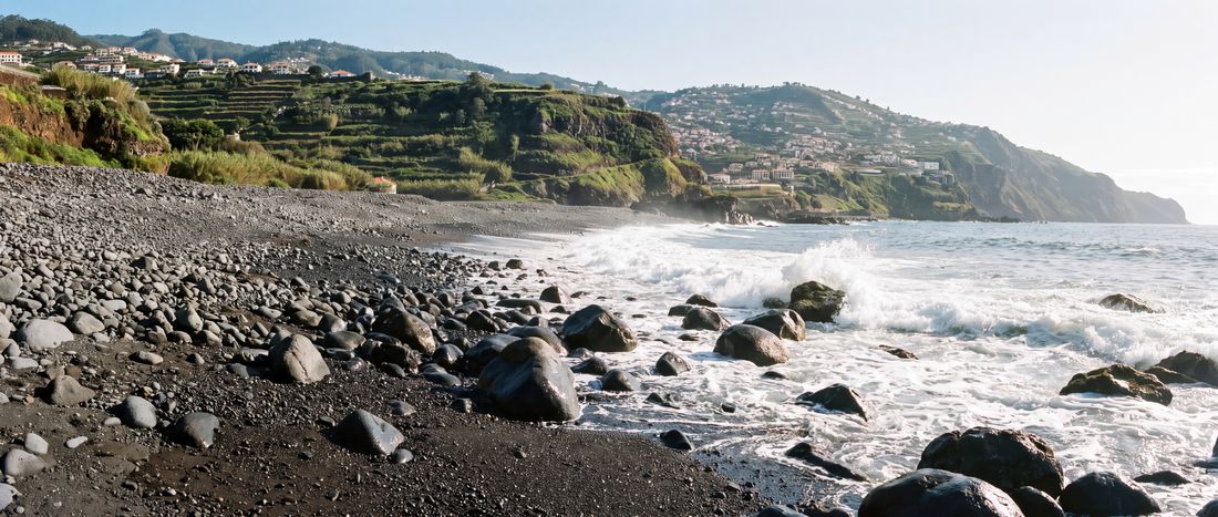 Wide view of Praia Formosa, Funchal, Madeira.