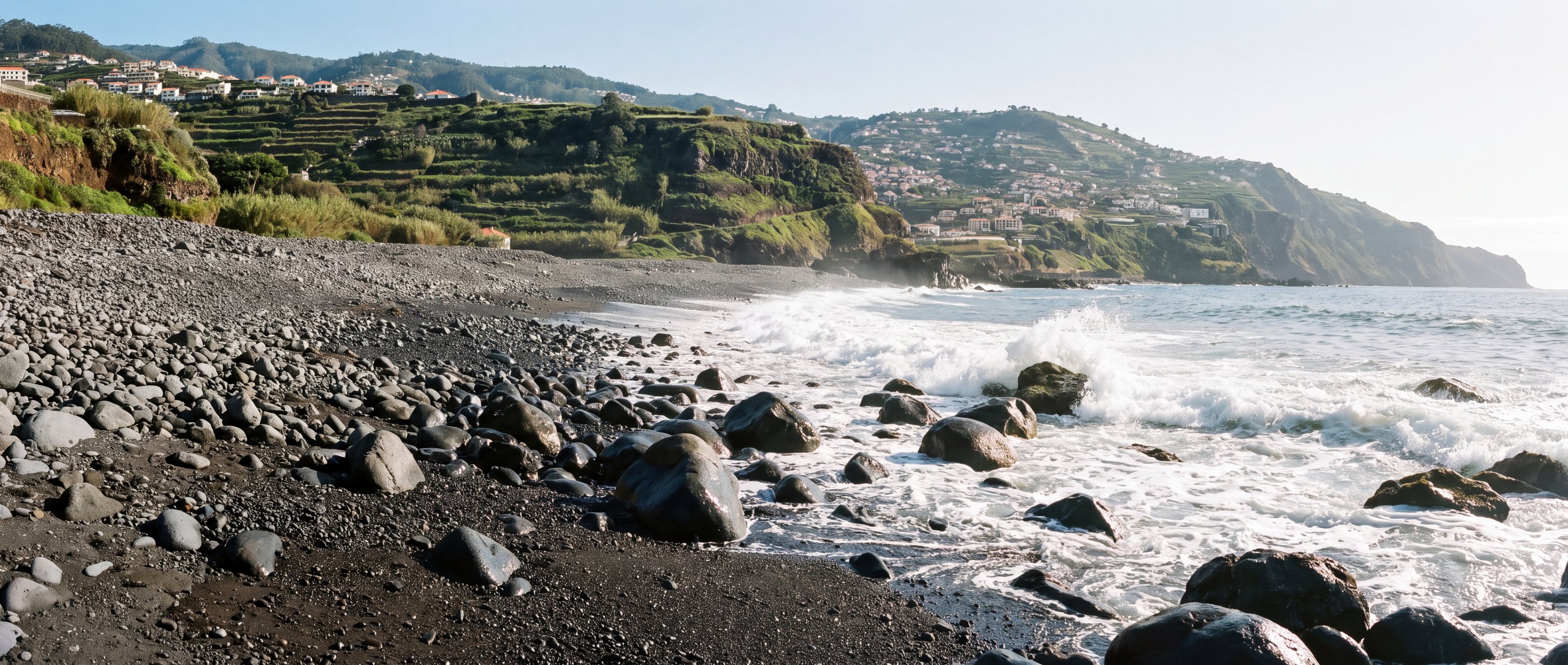 Wide view of Praia Formosa, Funchal, Madeira.