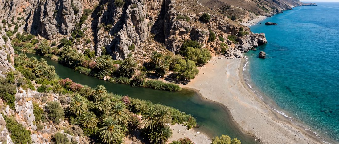 Wide view of Preveli Beach, Crete.