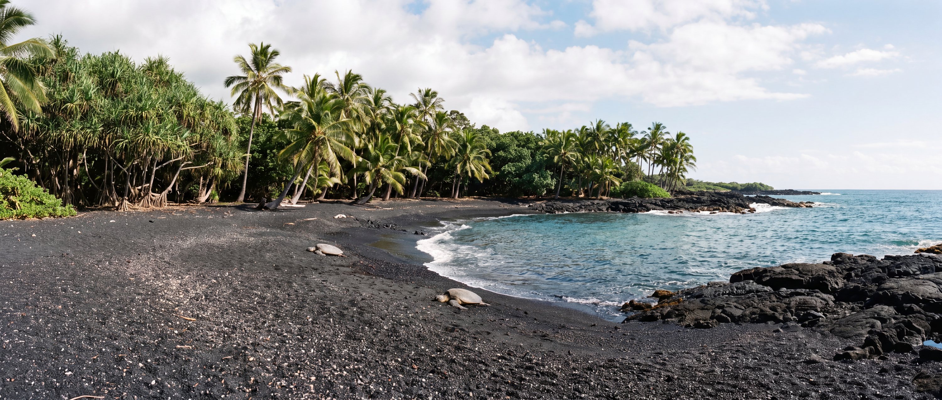 Wide view of Punalu'u Black Sand Beach, Kau, Hawaii Island.