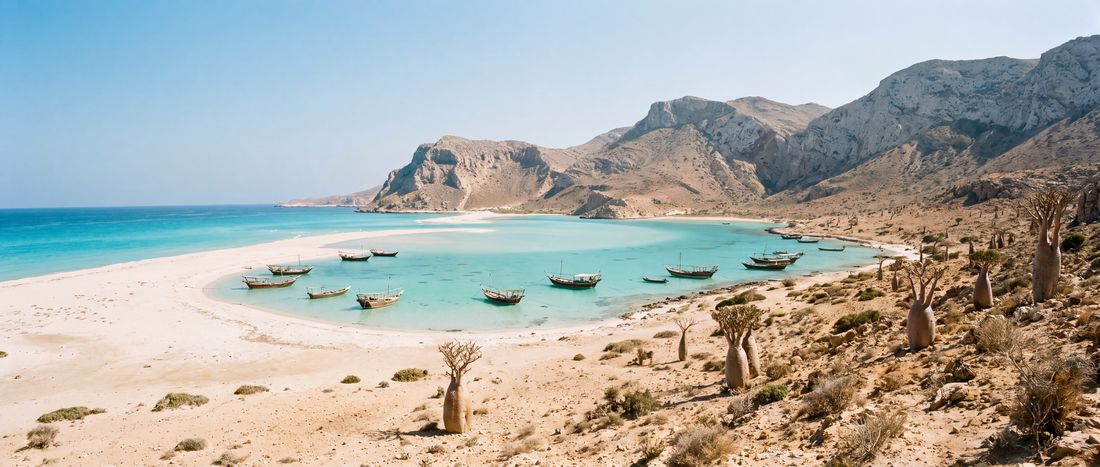 Wide view of Qalansiyah Beach (Detwah Lagoon), Socotra Governorate.
