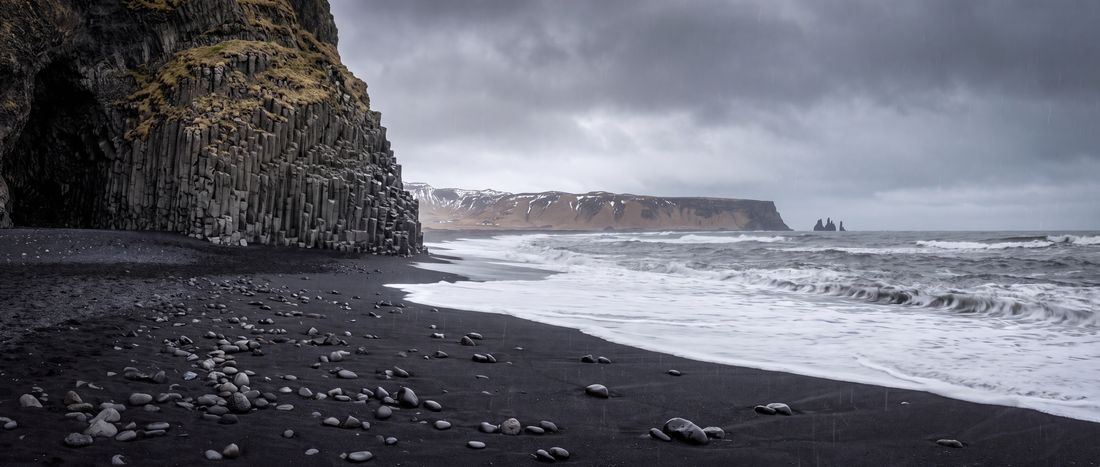 Wide view of Reynisfjara, Vik, Iceland.