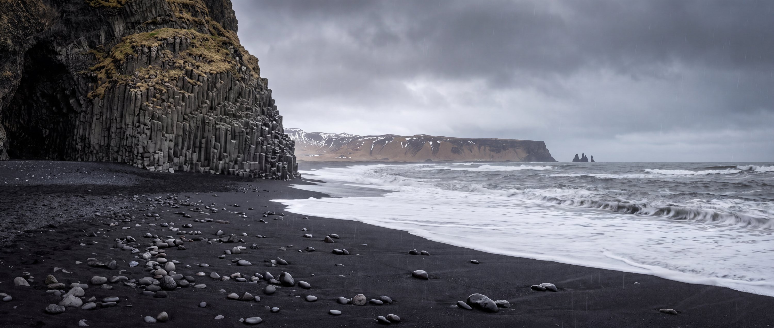 Wide view of Reynisfjara, Vik, Iceland.