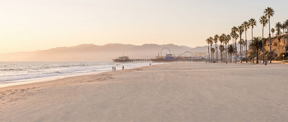 Wide view of Santa Monica State Beach, Santa Monica, California.