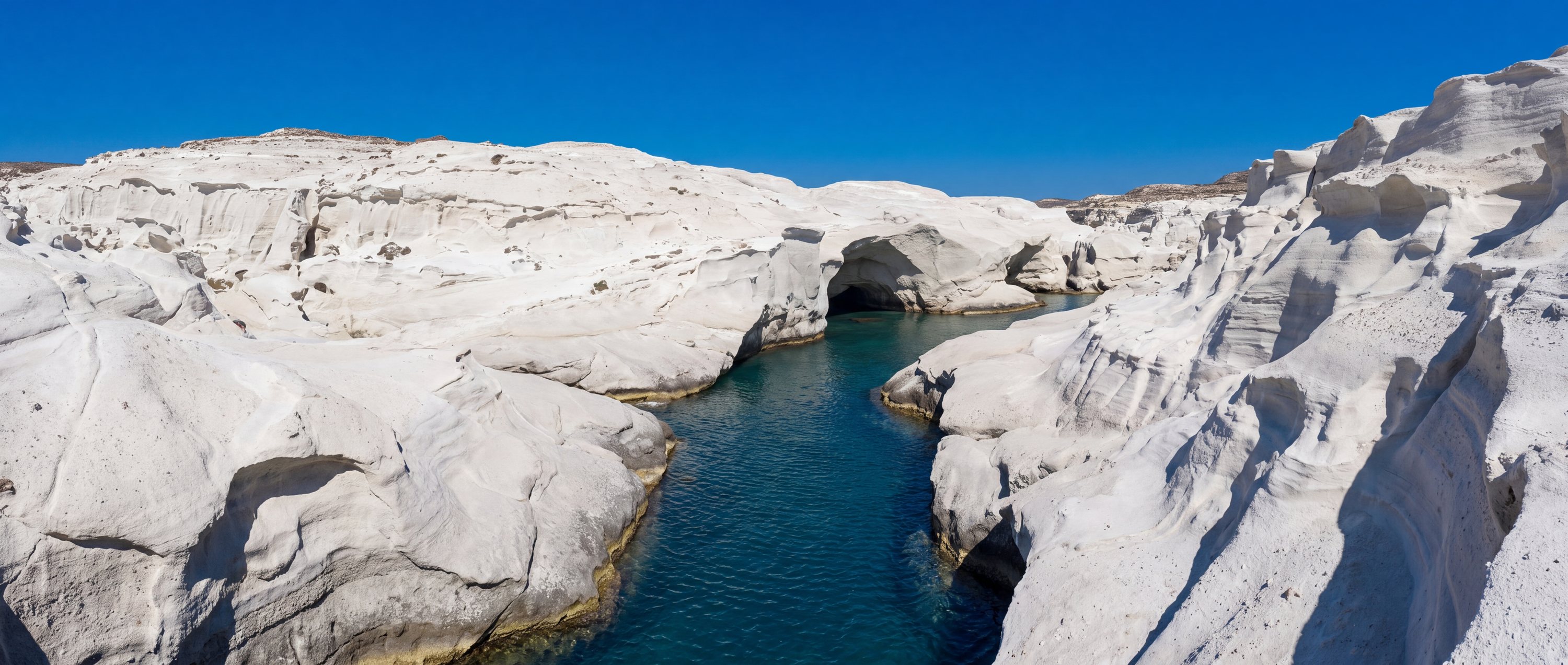 Wide view of Sarakiniko, Milos, Greece.