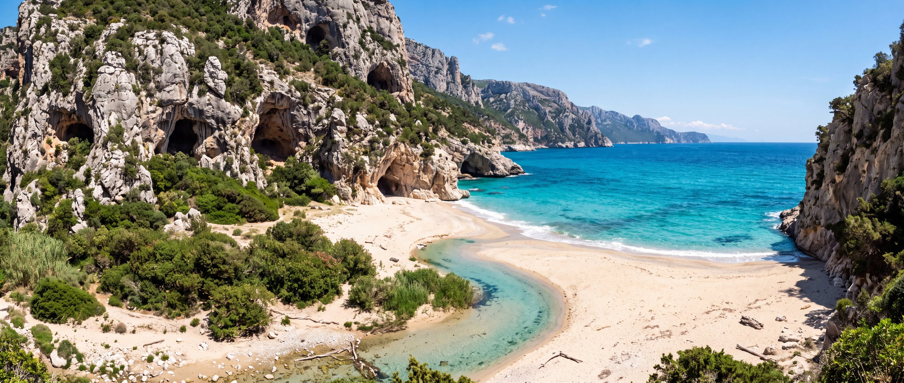 Wide view of Spiaggia di Cala Luna, Baunei, Gulf of Orosei, Sardinia.