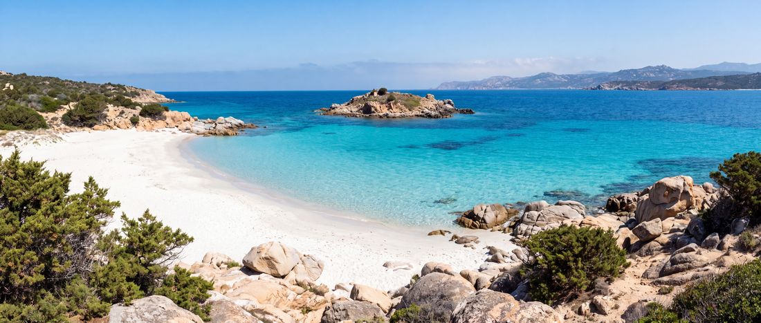 Wide view of Spiaggia di Tuerredda, Teulada, Sardinia.