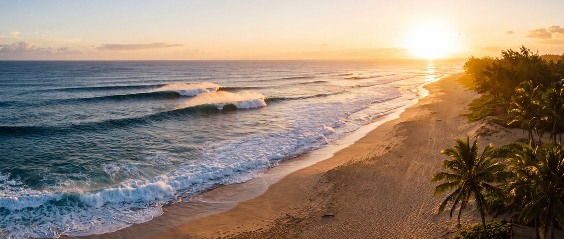Wide view of Sunset Beach, Oahu, Hawaii.