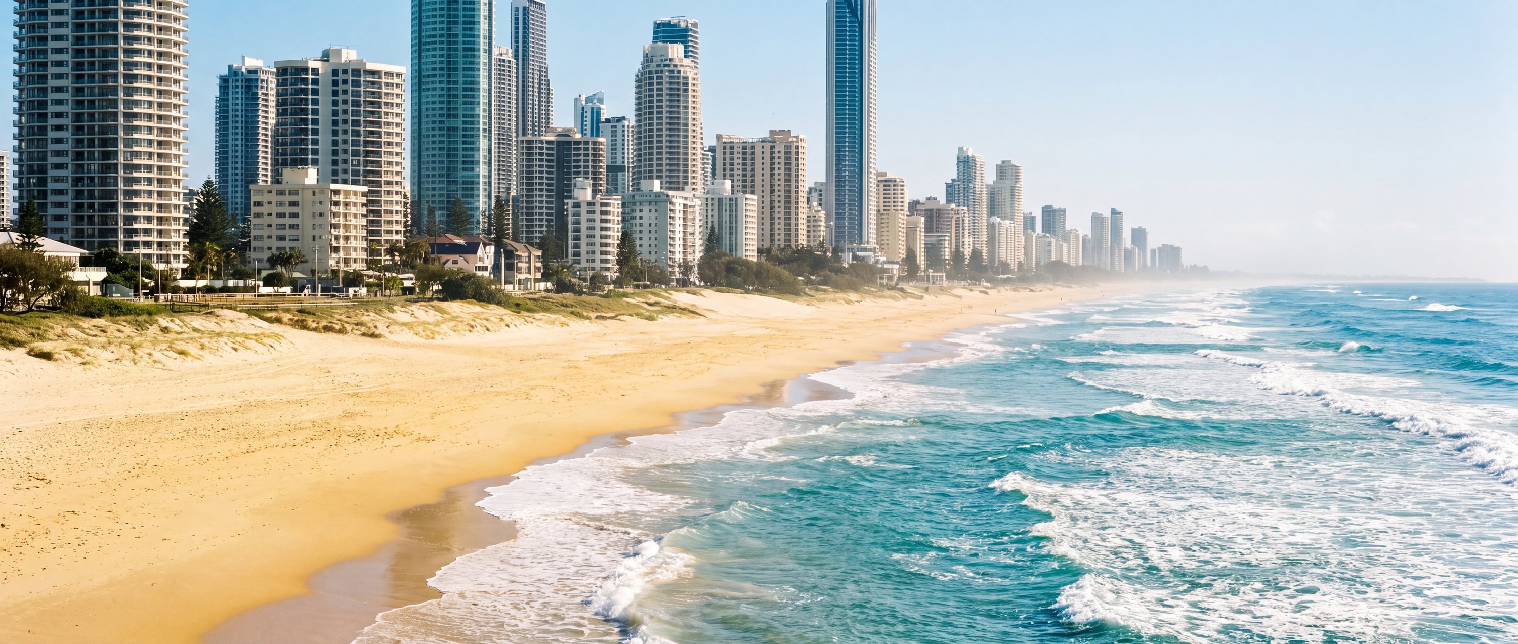 Wide view of Surfers Paradise Beach, Gold Coast, Queensland.