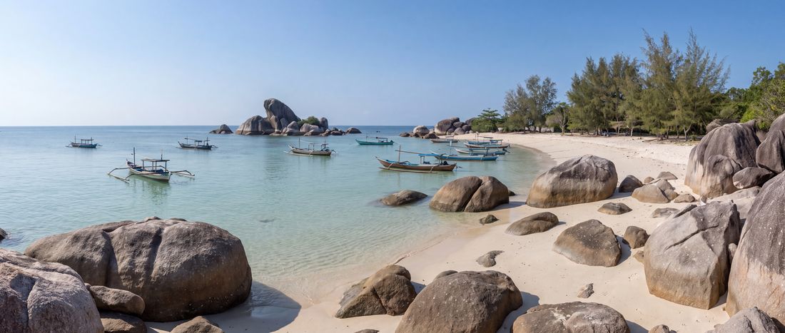 Wide view of Tanjung Kelayang Beach, Bangka Belitung Islands.