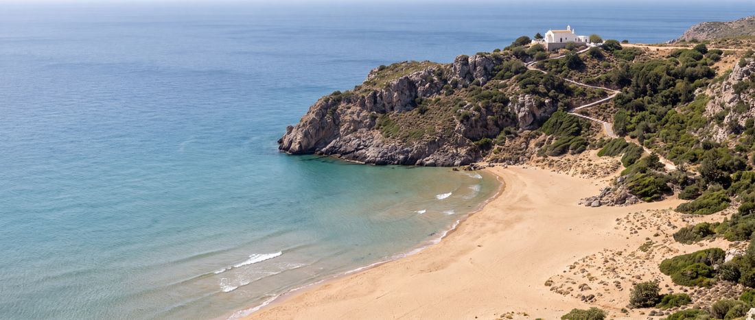 Wide view of Tsambika Beach, South Aegean.