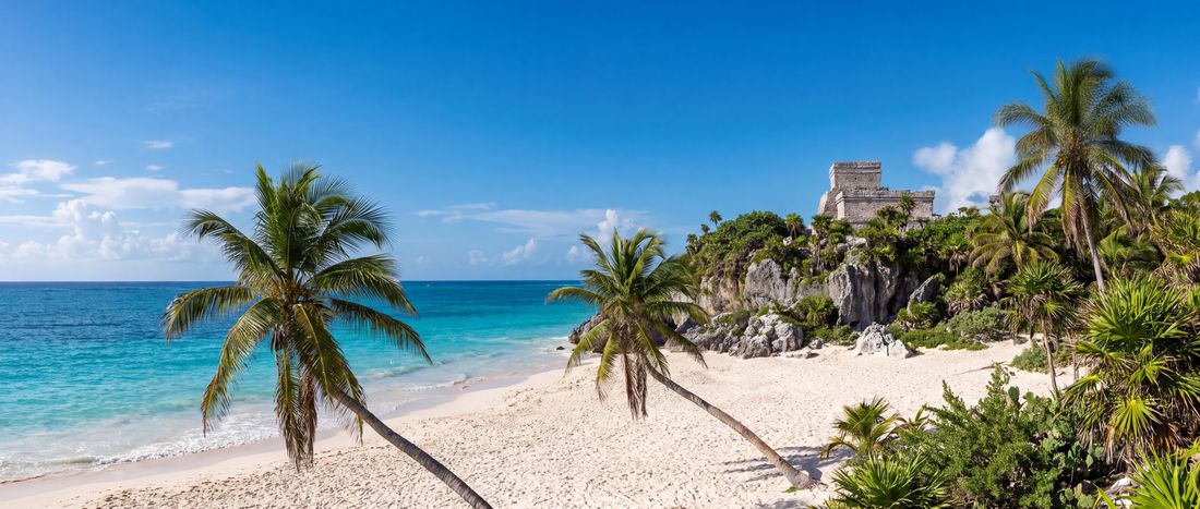 Wide view of Tulum Beach, Quintana Roo, Mexico.