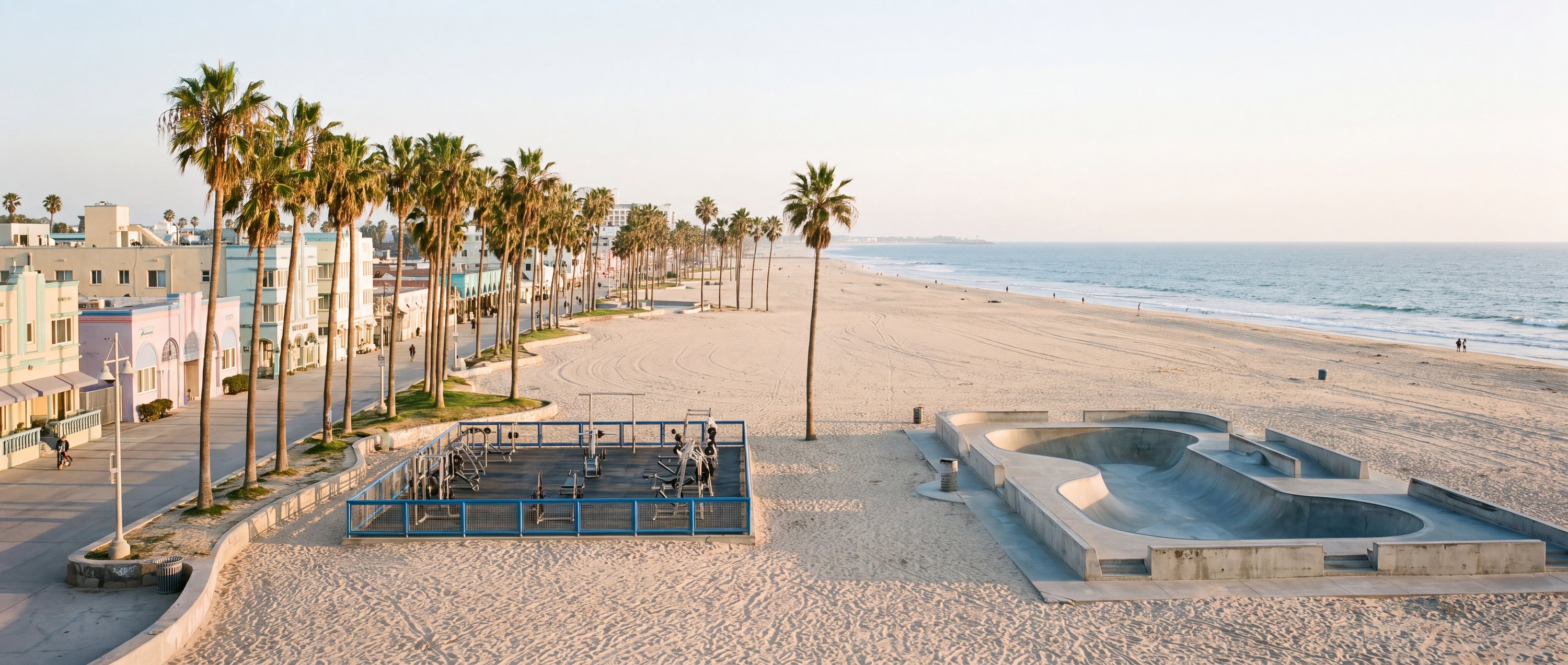 Wide view of Venice Beach, Los Angeles, California.