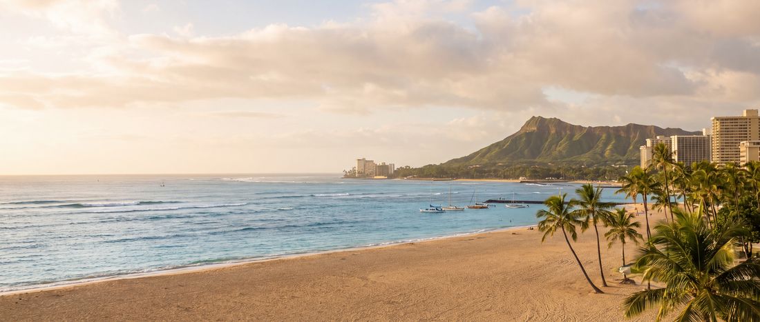 Wide view of Waikiki Beach, Honolulu, Oahu, Hawaii.