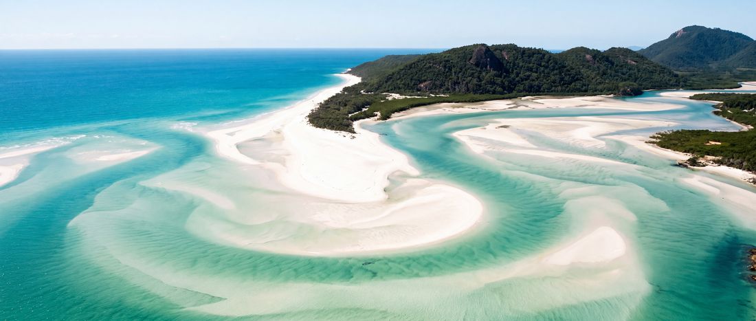 Wide view of Whitehaven Beach, Whitsunday Island, Australia.