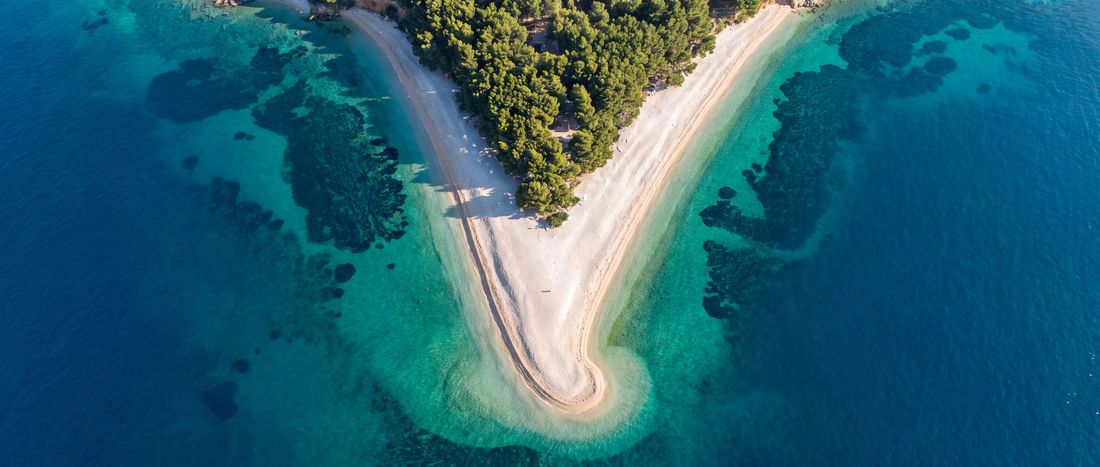 Wide view of Zlatni Rat, Brac, Croatia.